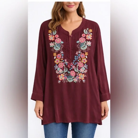 Johnny Was Embroidered V-Neck Tunic Top - Wine